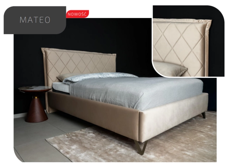 MATEO łóżko tapicerowane light (z pojemnikiem lub bez pojemnika) - Bed Design w Świat Sypialni PRO Piaseczno